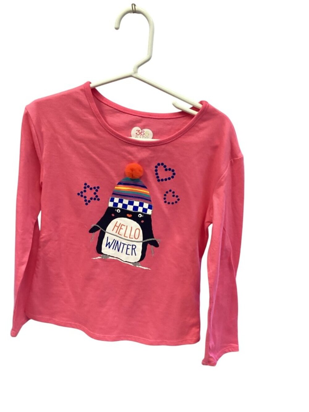 Girls Pink "Hello Winter" Long-Sleeve Graphic T-Shirt Penguin Print Size 6 365 K
